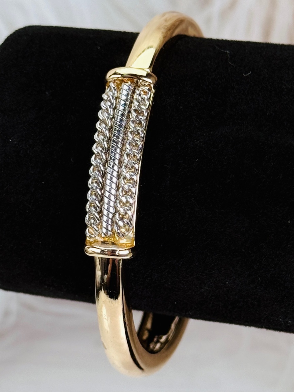Gold & Silver Tone Hinged Bangle Bracelet Chain Detail Mixed Metal Jewelry